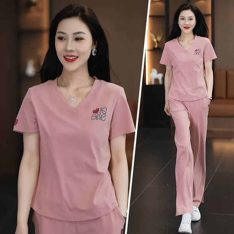 领减龄运动服休闲套装女夏2024新款时尚百搭妈妈装两件套跑步服