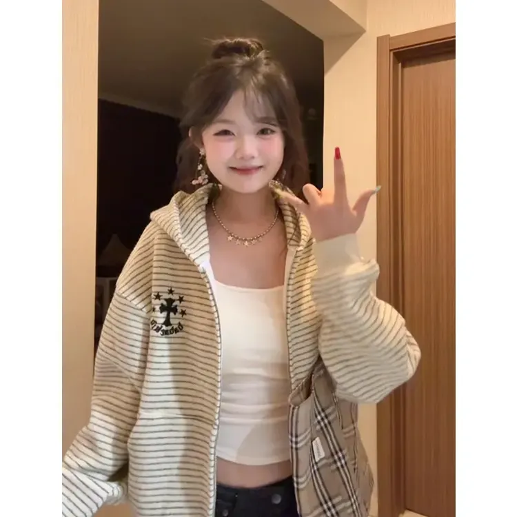 美式复古毛呢条纹连帽卫衣外套女秋冬十字架星星开衫情侣宽松上衣