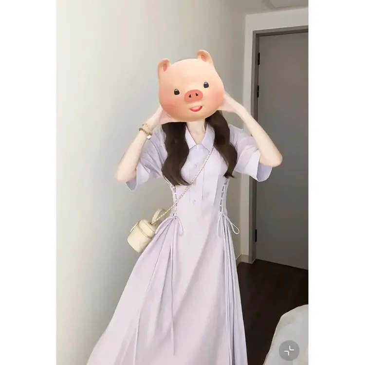 大码2025夏季新款浅紫色学院风连衣裙女通勤百搭洋气衬衫长裙子仙