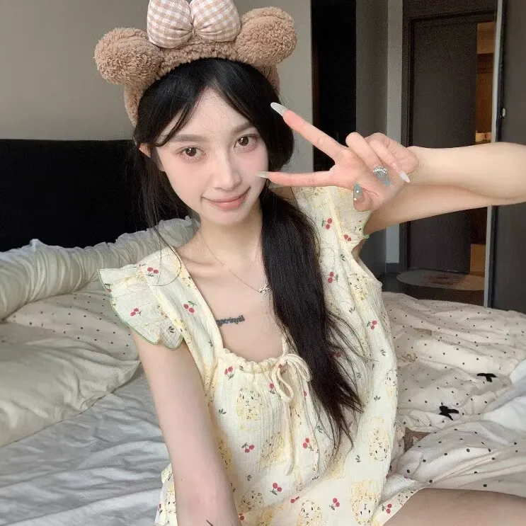 夏季日系卡通棉纱睡衣短裤套装女款夏2025新款布料100全棉家居服