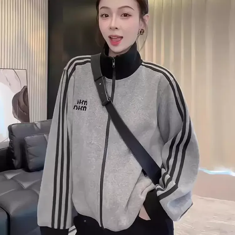 立领拉链三条杠短款卫衣开衫女2025春秋季新款慵懒风休闲宽松外套