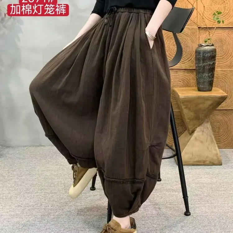 复古文艺斜纹炒色宽松系带加棉灯笼裤禾①2691#