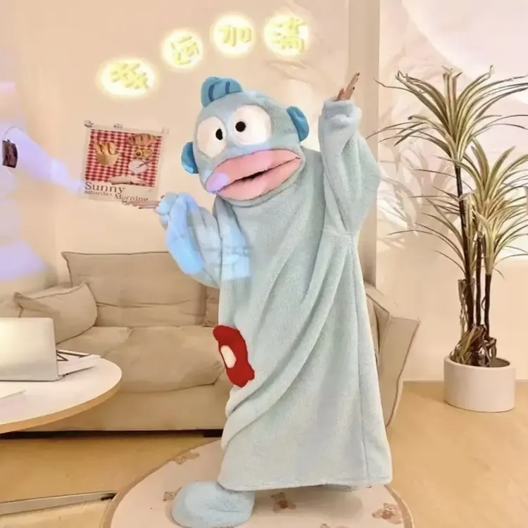 卡通搞怪丑鱼连体珊瑚绒睡衣秋冬男女冬季加厚情侣家居服睡衣长款