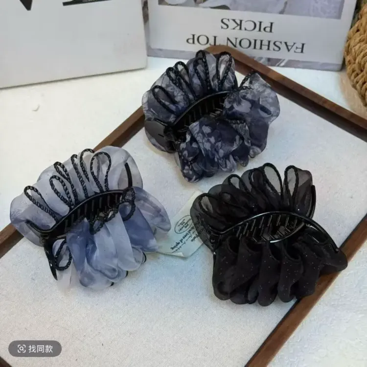 家庭发带高定黑纱星芒缀饰奢华优雅气质抓夹式丸子头发夹