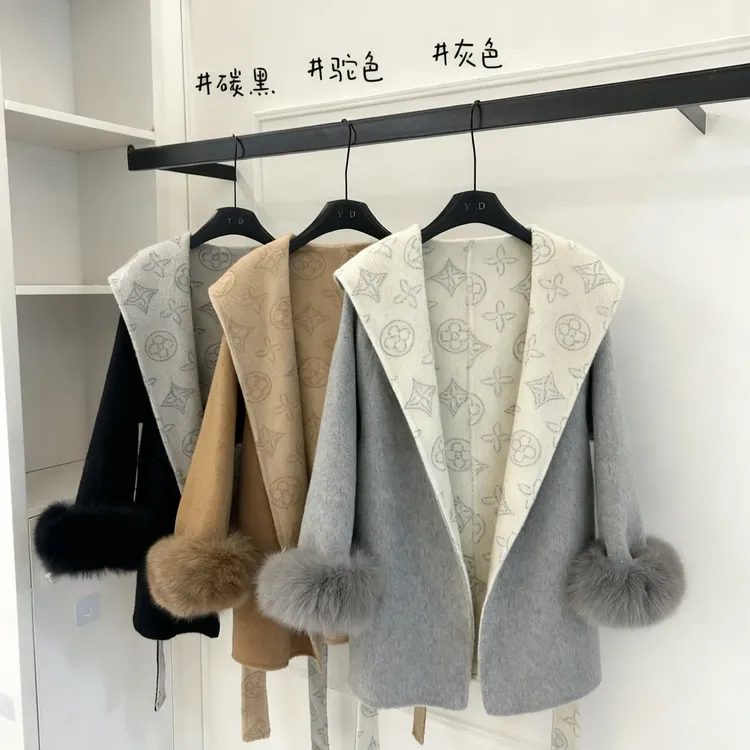中长款AB面印花连帽系带双面法式细羊毛大衣女韩系毛呢外套9866