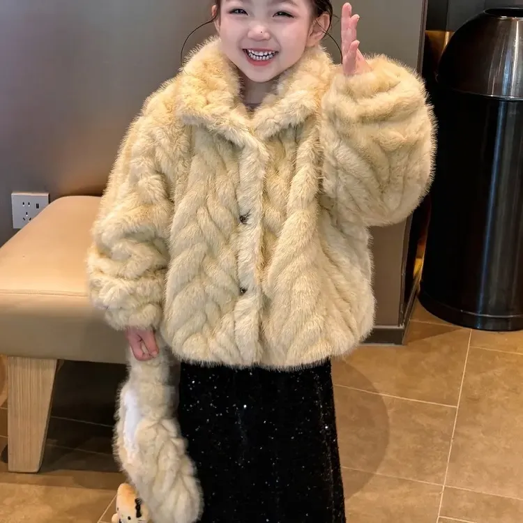 女童毛毛加厚外套新款韩系时尚亮片加绒裙套装冬季保暖仿水貂毛潮