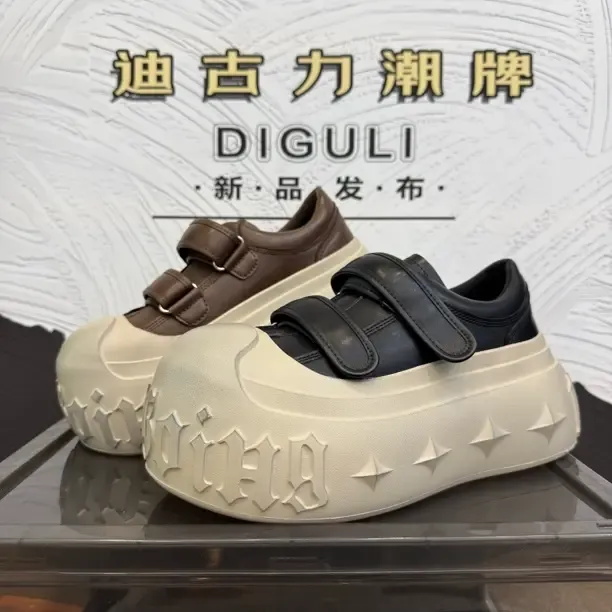 【迪古】欧洲站做旧擦色厚底休闲鞋2025新款魔术贴面包鞋单鞋翠