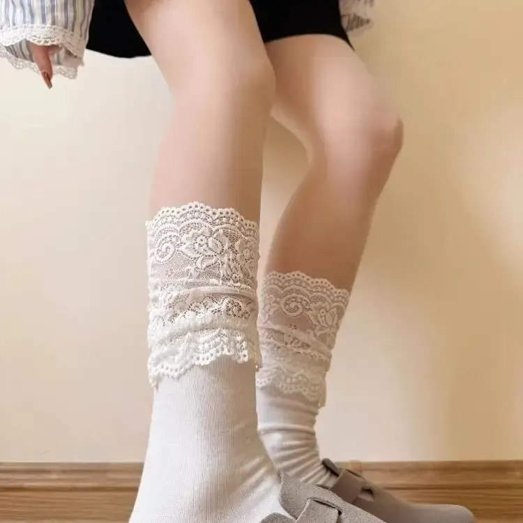 日系堆堆袜长筒袜小腿袜配靴子穿洛丽塔纯欲少女感蕾丝白色中筒袜