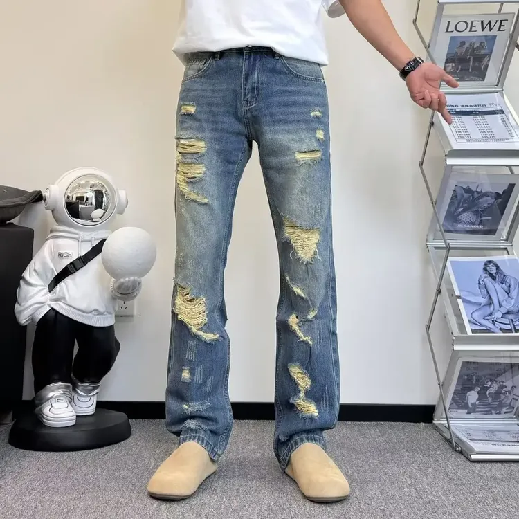 破洞长裤潮流水洗牛仔裤cleanfit直筒裤子高街男士春夏男生男款