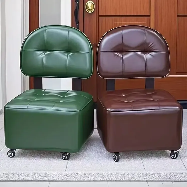 家用小凳子客厅溜溜椅实木靠背旋转滑轮矮凳门口换鞋凳洗脚凳带轮