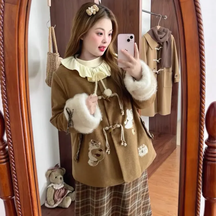 大码学院风复古夹棉外套搭配高腰加厚格子裙减龄套装