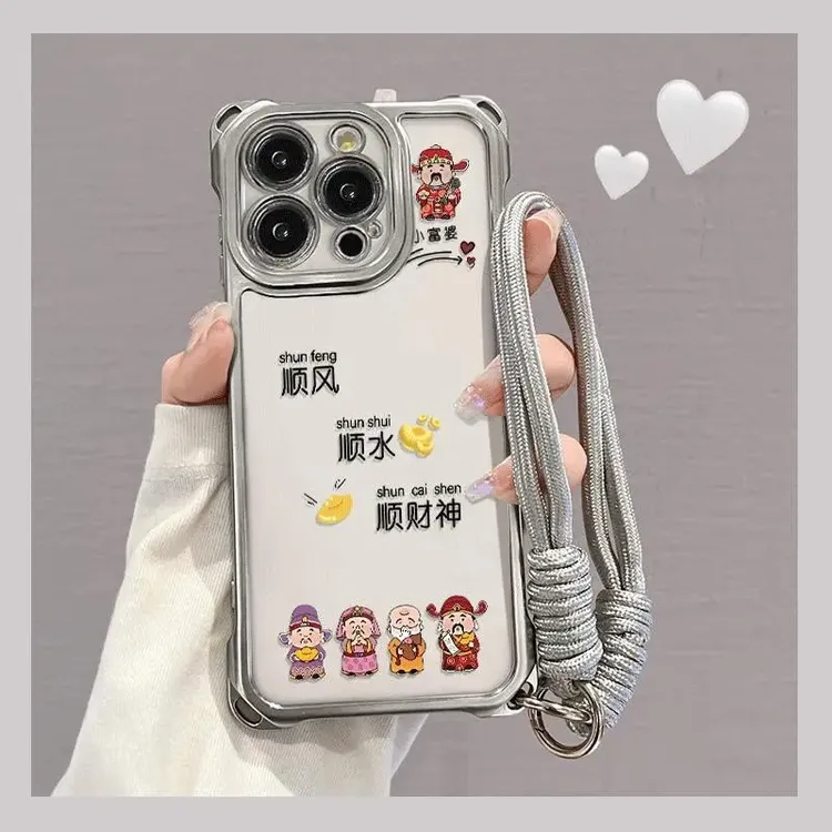 发财财神适用iPhone16promax手机壳电镀四角挂绳13苹果15斜跨12壳