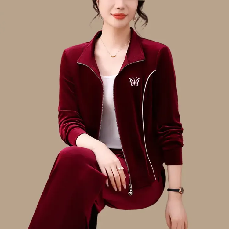 酒红色品牌洋气金丝绒运动套装女春秋好看的流行2025年时髦舒适感