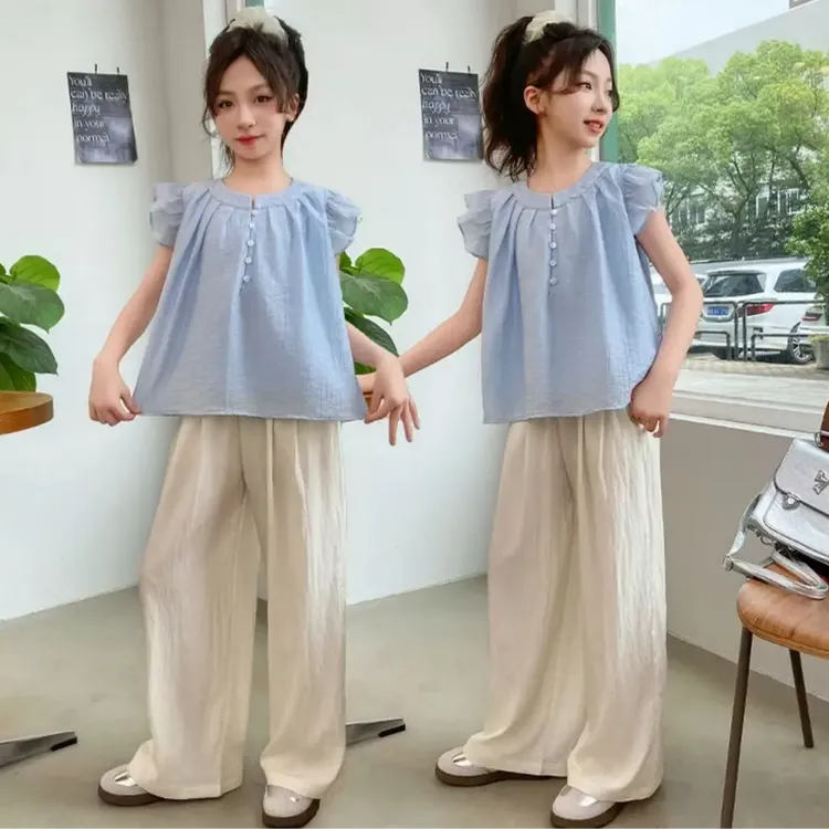 女童甜美套装简约夏季纯色中大童夏天飞袖山本裤子薄款两件套时髦