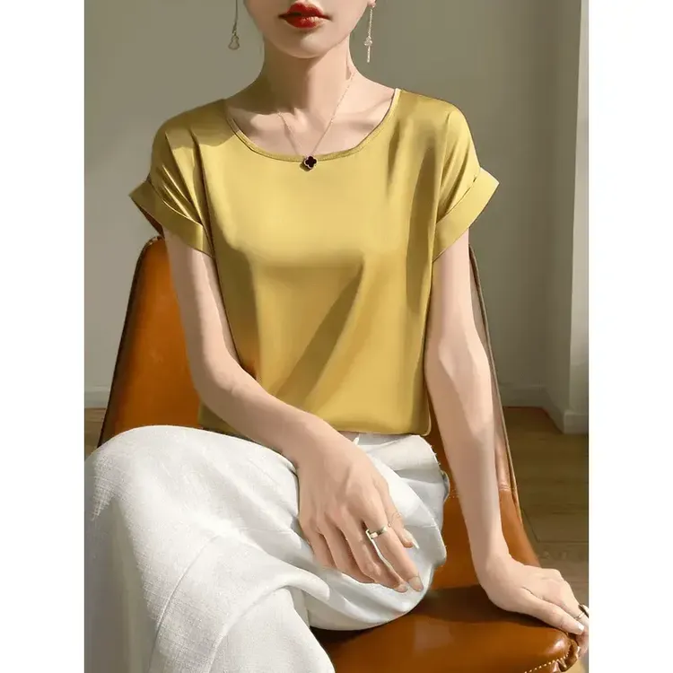 2025新款夏季100%真丝缎面圆领小飞袖时尚百搭T恤女士时尚短袖