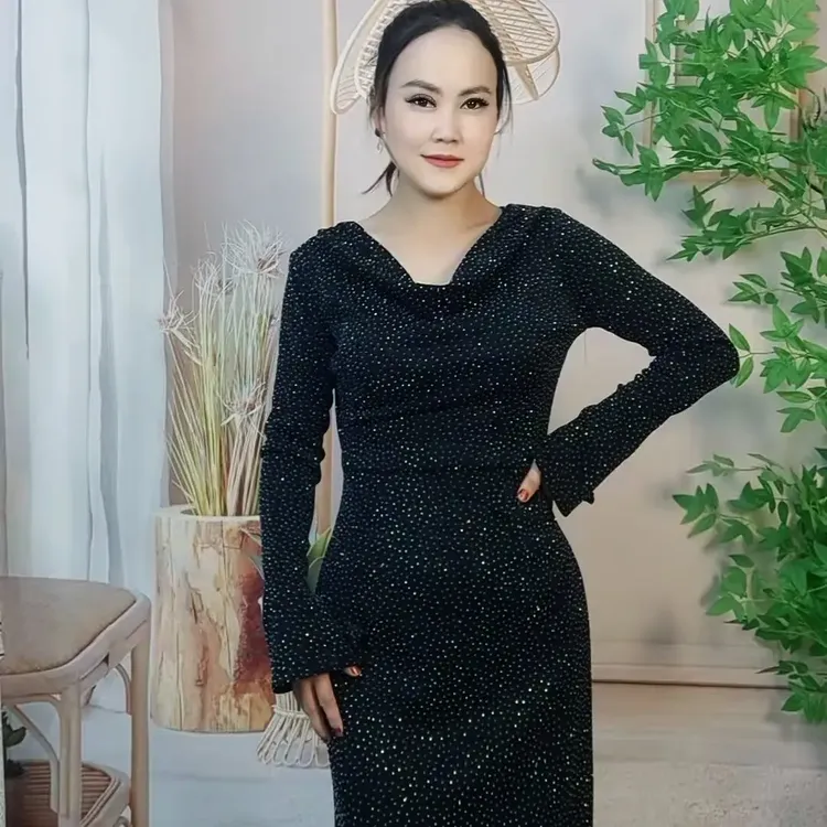 秋冬法式V领波点拼接显瘦收腰气质鱼尾长袖连衣裙