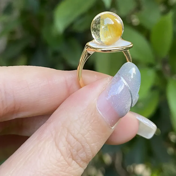 天然金箔胶花水晶s925银镶开口戒指可调节卡9.5