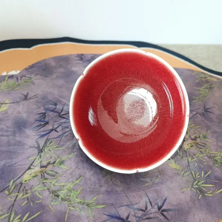 景德镇浅行窑郎红主人杯花口鸡心杯纯手工郎红葵口主人杯家用茶杯