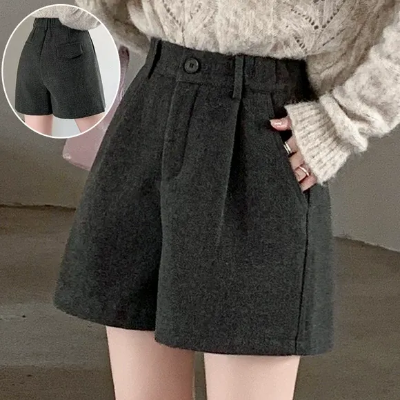 松紧腰毛呢短裤女秋冬2025年新款外穿百搭休闲裤高腰显瘦宽松靴裤