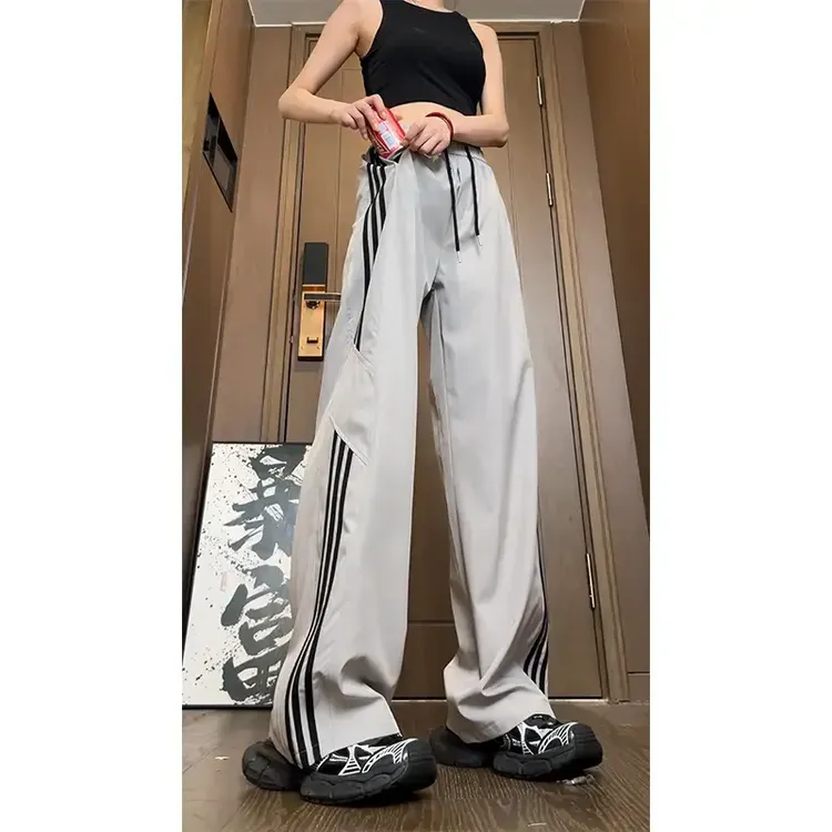 潮流条纹休闲裤男女夏季新款三条杠条纹垂感美式vibe高街运动裤子