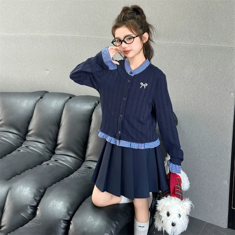 女童学院风套装裙2025新款春秋中大童假两件JK开衫小香风两件套潮