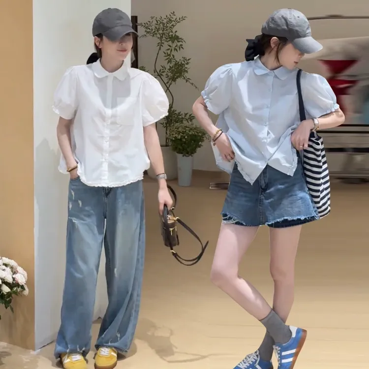 法式薄款设计感泡泡短袖衬衫女2025年夏季新款超好看减龄花边小衫