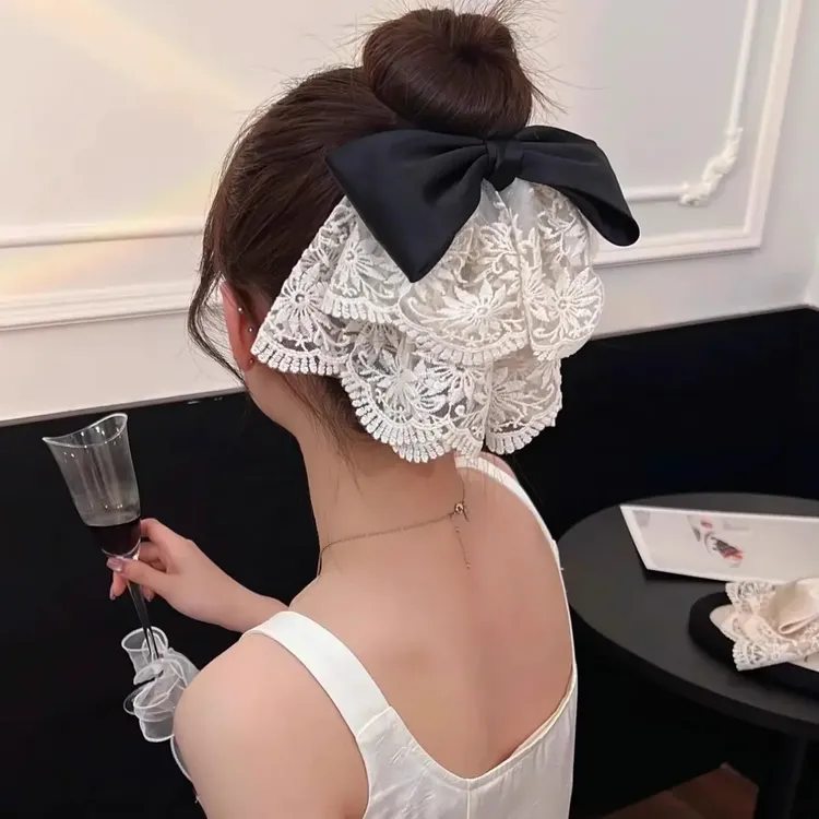 J法式女士高级感抓夹2025新款蕾丝蝴蝶结气质后脑勺马尾夹发卡