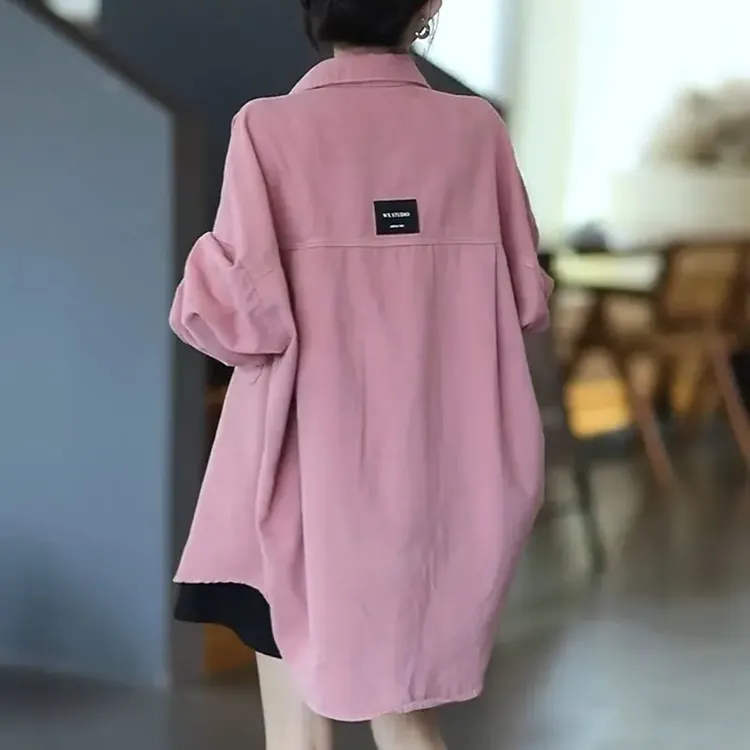 复古港风牛仔衬衫外套女薄款春秋2025新款休闲宽松显瘦中长款上衣