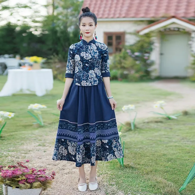 云南旅游改良旗袍唐装中式盘扣上衣女大码民族风复古棉麻汉服套装