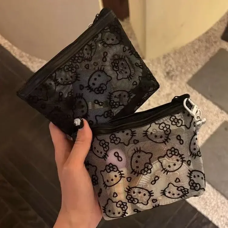 新款透明网纱kitty补妆包外出便携化妆包收纳旅行零钱包耳机包包L