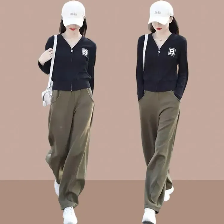 休闲 运动套装女士2025春秋新款宽松遮肉洋派时尚厚T恤长裤两件套