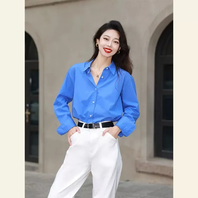 今年流行2025春秋装新款独特别致上衣显瘦气质衬衣克莱因蓝衬衫女