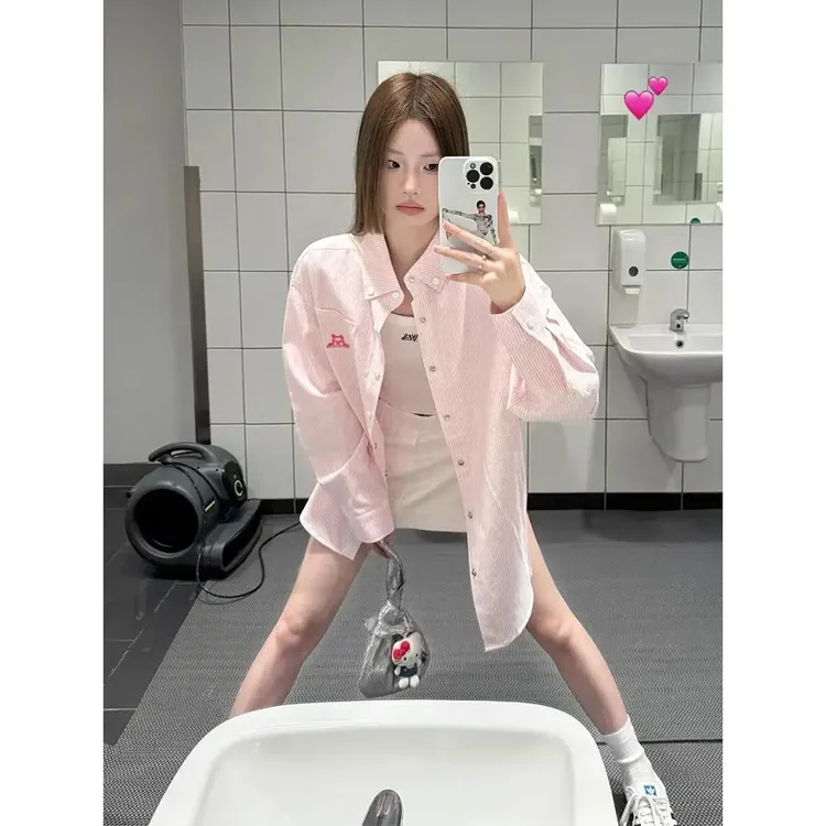 粉色条纹衬衣衬衫外套女春季2025新款法式设计感衬衣休闲宽松上衣