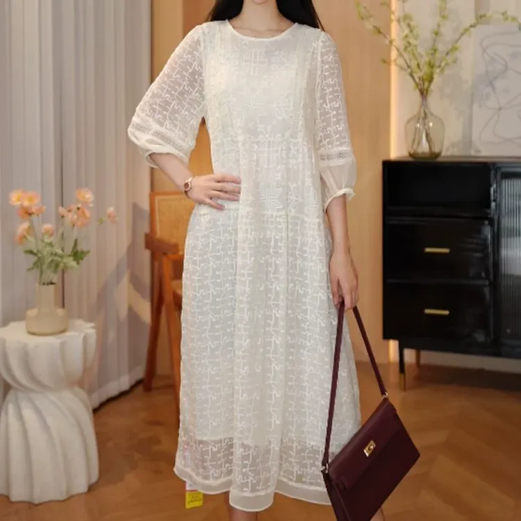 刺绣丝桑蚕丝真丝连衣裙重工繁花气质梦7965