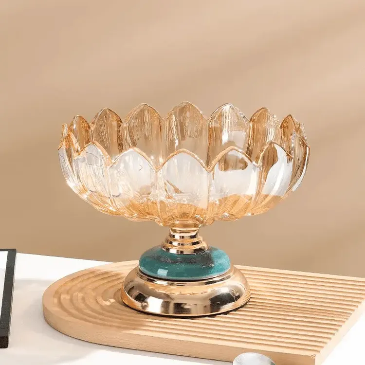 轻奢复古金属陶瓷底座琥珀大号玻璃果盘家用客厅茶几收纳