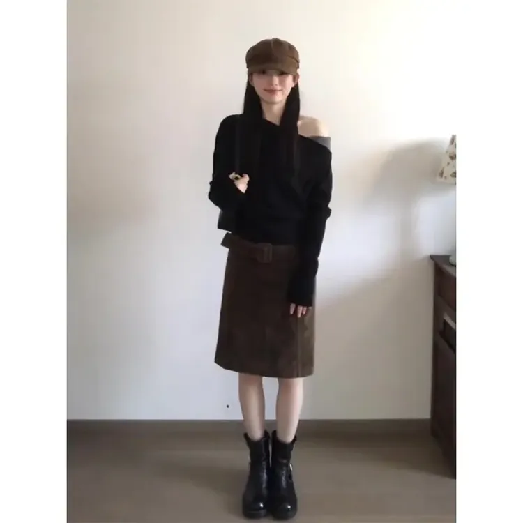秋季新款法式露肩长袖修身毛衣上衣高腰显瘦半身裙纯欲慵懒风女装