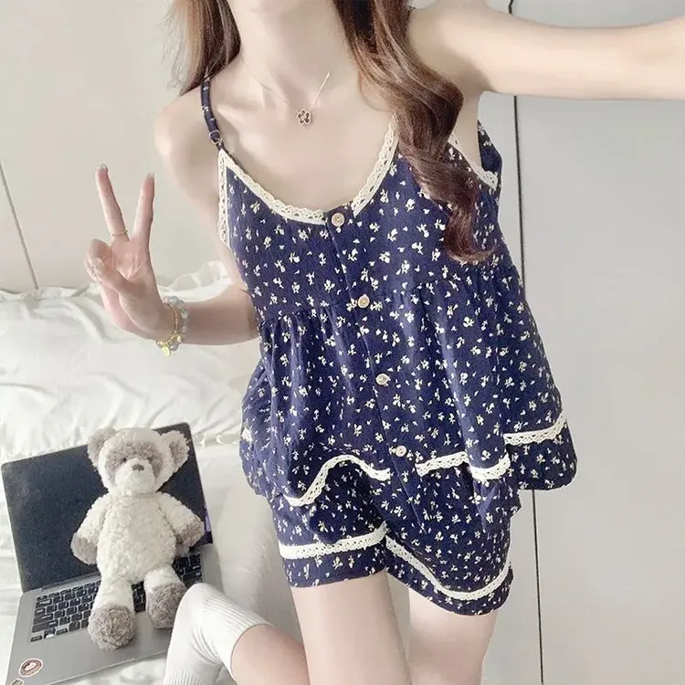 【可拆卸胸垫】吊带短裤睡衣女2025新款夏季云朵棉小碎花家居服套装
