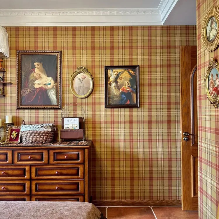 复古美式苏格兰格子风格客厅沙发卧室背景墙布高级感壁纸墙纸定制