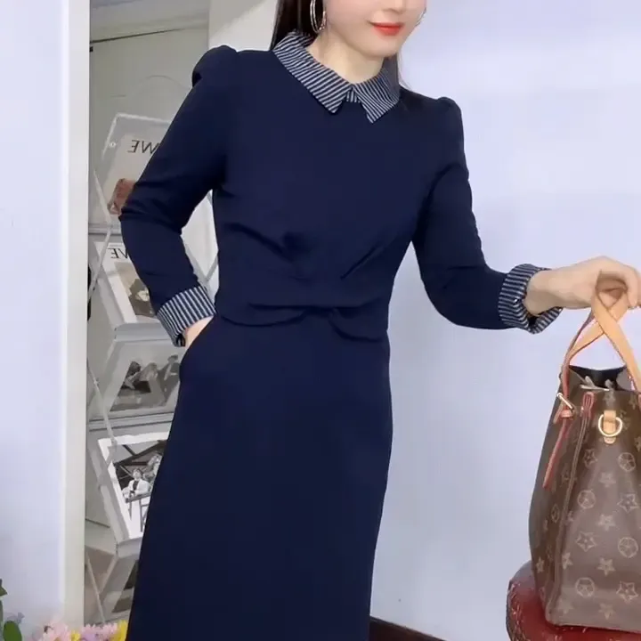 显瘦遮肉斜纹麻时尚大气减龄休闲收腰连衣裙