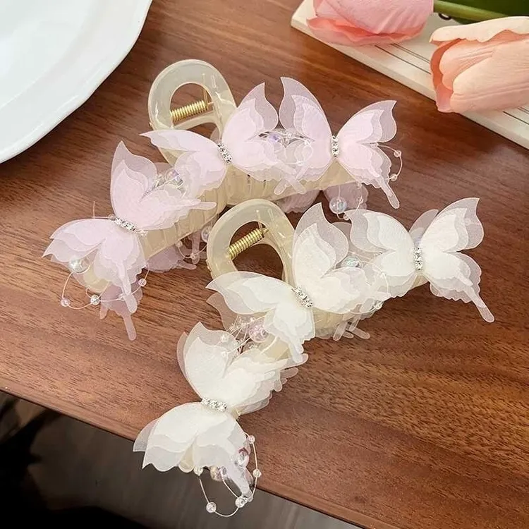 超夹女童汉服薄纱装饰品蝴蝶古风美花朵鲨鱼抓夹碎发后脑勺耳挂