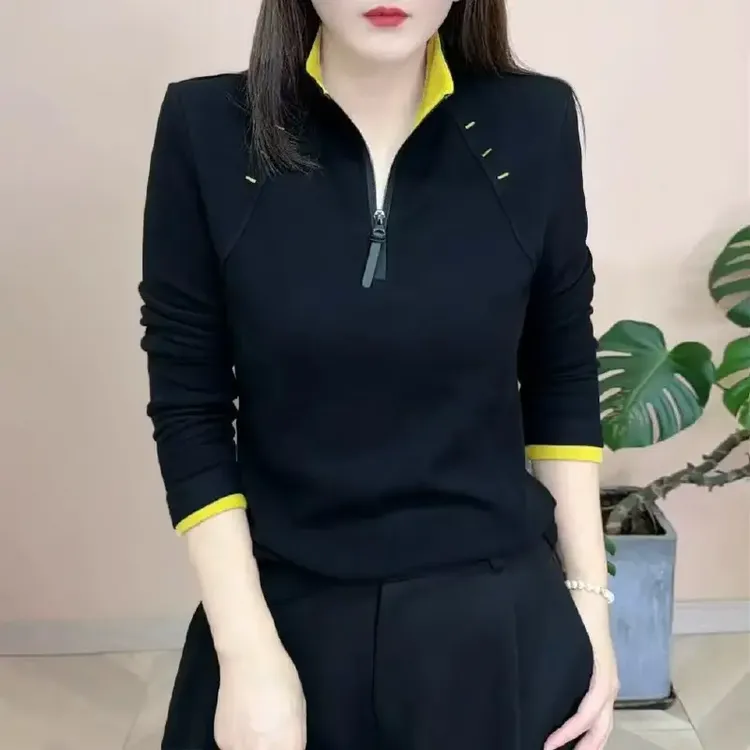 2025秋冬新品时尚立领纯色百搭修身显瘦洋气半拉链女士长袖上衣