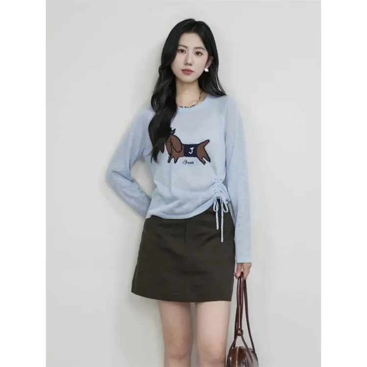 韩国卡通小狗印花拉绳女子早秋长袖t恤薄微透视别致设计上衣