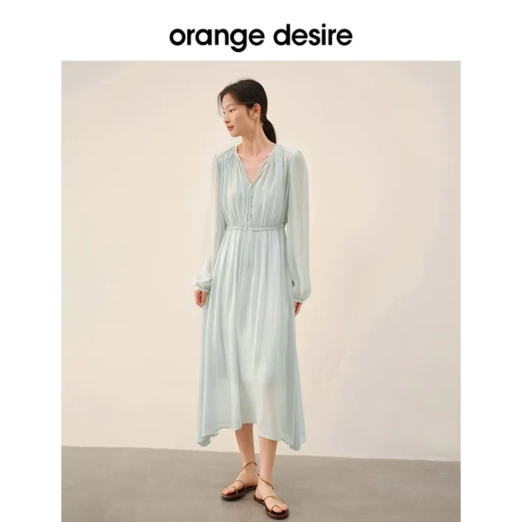 orange desire温柔气质纯色百搭收腰显瘦连衣裙女春OD2DSL0054