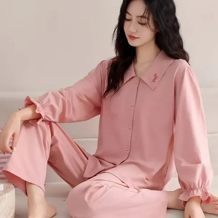 82046翻领刺绣5A抗菌消毛拉架棉家居服