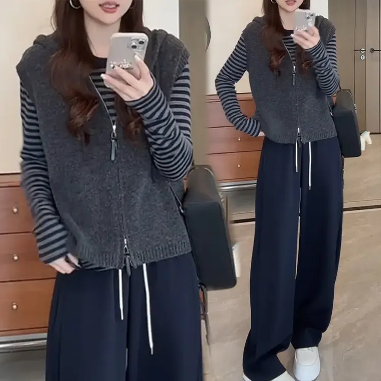 减龄休闲套装女2025春秋季新款针织衫搭马夹显瘦休闲裤时尚一整套