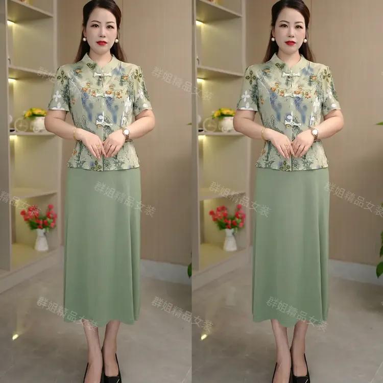 【有口袋】新款冰雪丝六盘扣气质假两件旗袍连衣裙时尚洋气显瘦裙子
