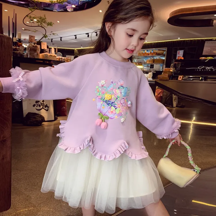 女童秋装网纱连衣裙2025秋季新款儿童卡通印花卫衣裙小女孩公主裙