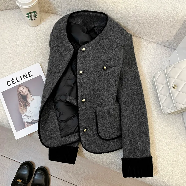 灰色羽绒内里小香风短外套女2025冬季新款韩版女神范简约百搭上衣