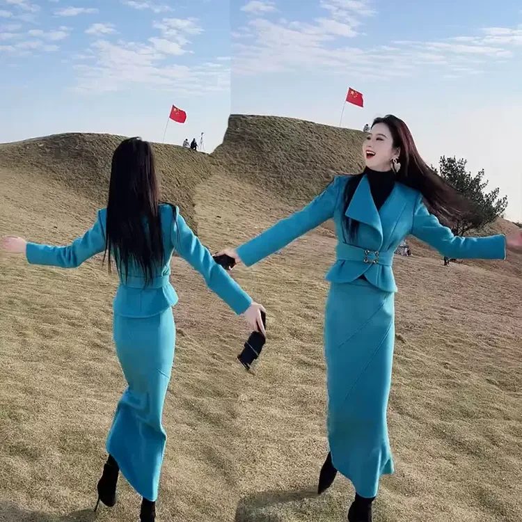 24秋冬新款时尚洋气毛呢套装裙女高级感百搭显瘦短款西服+半身裙