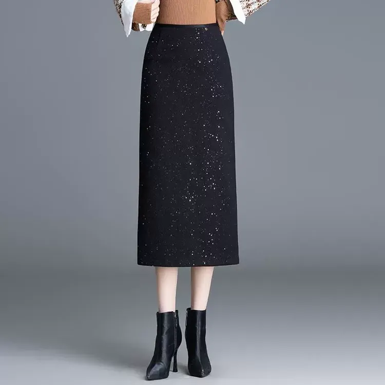 气质亮片毛呢半身裙女秋冬中长款高腰显瘦直筒裙后开叉包臀裙子潮